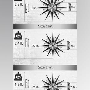 May include: A set of three starburst clocks in varying sizes. The largest is 30 inches in diameter and weighs 2.8 lbs. The middle clock is 27 inches and weighs 2.4 lbs. The smallest is 25 inches and weighs 1.9 lbs. Each clock has a black starburst design with a silver clock face.