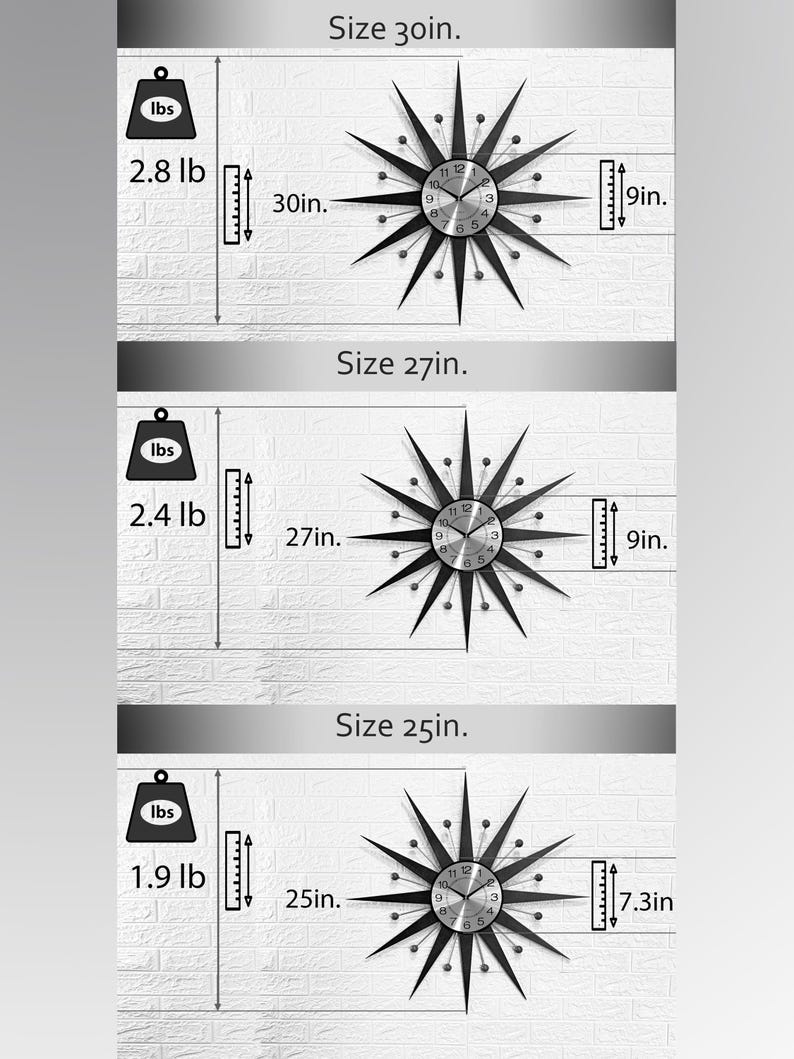 May include: A set of three starburst clocks in varying sizes. The largest is 30 inches in diameter and weighs 2.8 lbs. The middle clock is 27 inches and weighs 2.4 lbs. The smallest is 25 inches and weighs 1.9 lbs. Each clock has a black starburst design with a silver clock face.