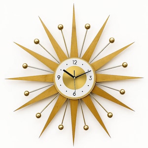 Gold Sunburst Wall Clock, Mid Century Modern Atomic Decor