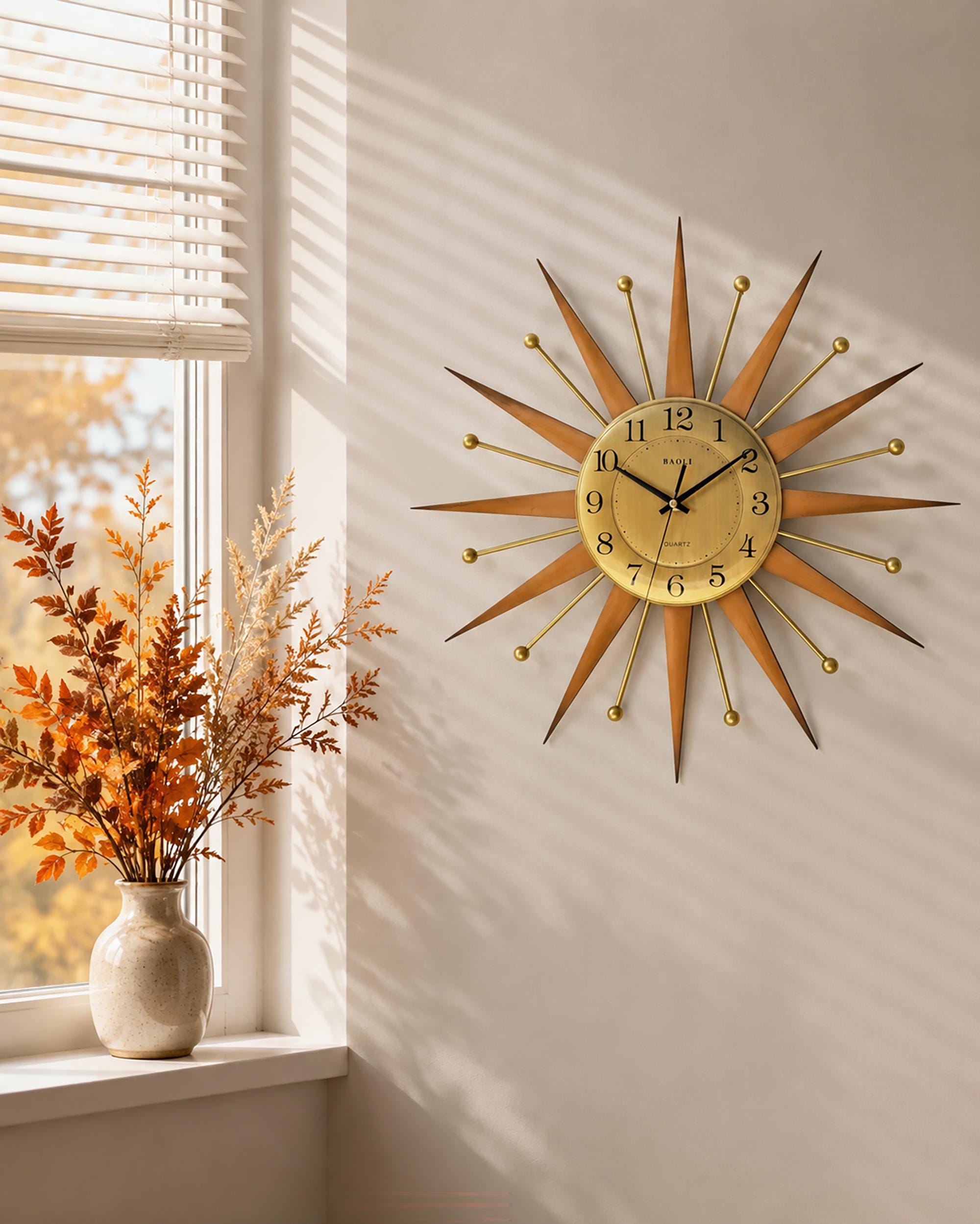 Atomic Wall Clock, Burnt Orange Sunburst, Gold Dial, Retro Office