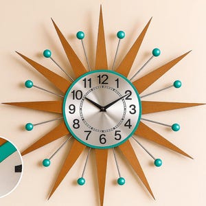 Mid-Century Modern Sunburst Wall Clock, Teal Accent, Retro Decor