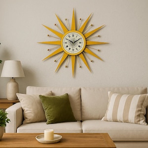 Yellow Sunburst Wall Clock: Mid-Century Modern Style with Roman Numerals