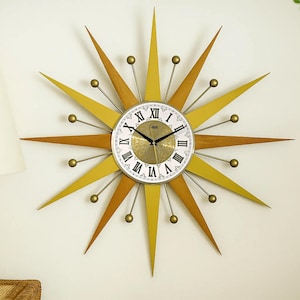 Mid Century Modern Sunburst Wall Clock: Stained Wood & Gold Steel