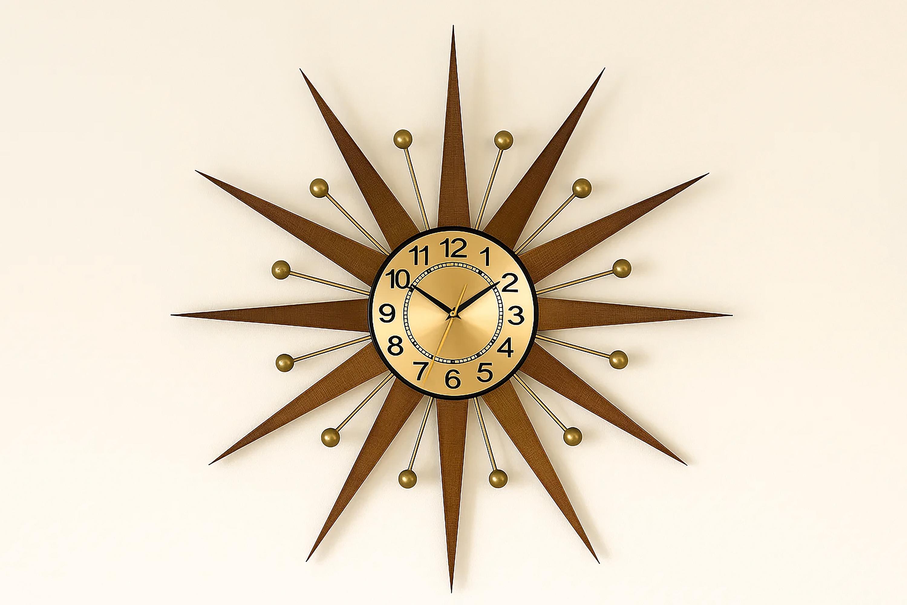Mid-century Modern Sunburst Wall Clock: Walnut Wood & Brass