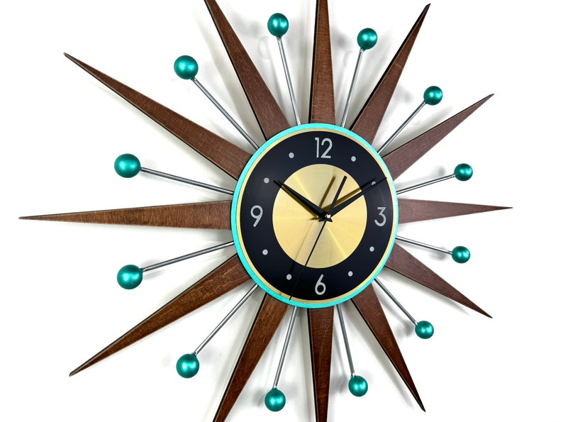 30 27 Turquoise Atomic wall clock Silver Starburst Clock George Nelson style Handmade 1970s sunburst Large clock vintage Industrial clock image 5