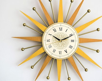 Reloj de pared moderno de mediados de siglo con diseño de rayos de sol: 56 cm, decoración atómica retro