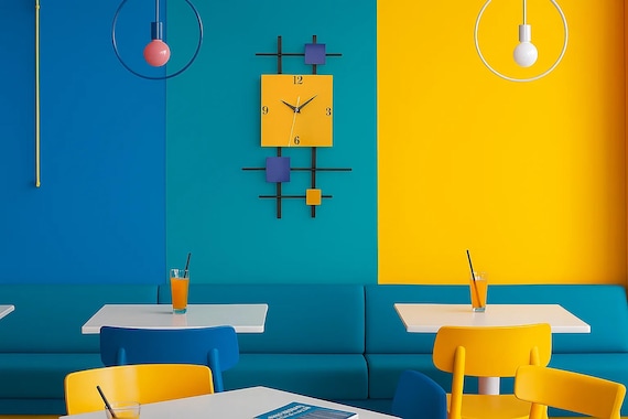 Geometric Wall Clock: Handmade Yellow, Blue, and Black Minimalist