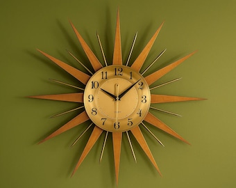 Mid-Century Starburst Sunburst Clock  Retro Atomic Style Decor in 21" or 24"