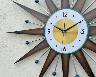 Petrol blue & Walnut Decor Large Mid Century Modern Starburst Wall Clock Silent Clock