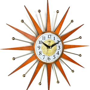 22" Burnt orange Atomic wall clock Starburst Clock George Nelson style 1970s Brass Gold clock vintage modern Industrial clock
