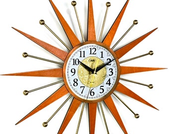 22" Burnt orange Atomic wall clock Starburst Clock George Nelson style 1970s Brass Gold clock vintage modern Industrial clock