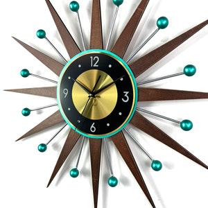 30 27 Turquoise Atomic wall clock Silver Starburst Clock George Nelson style Handmade 1970s sunburst Large clock vintage Industrial clock image 3