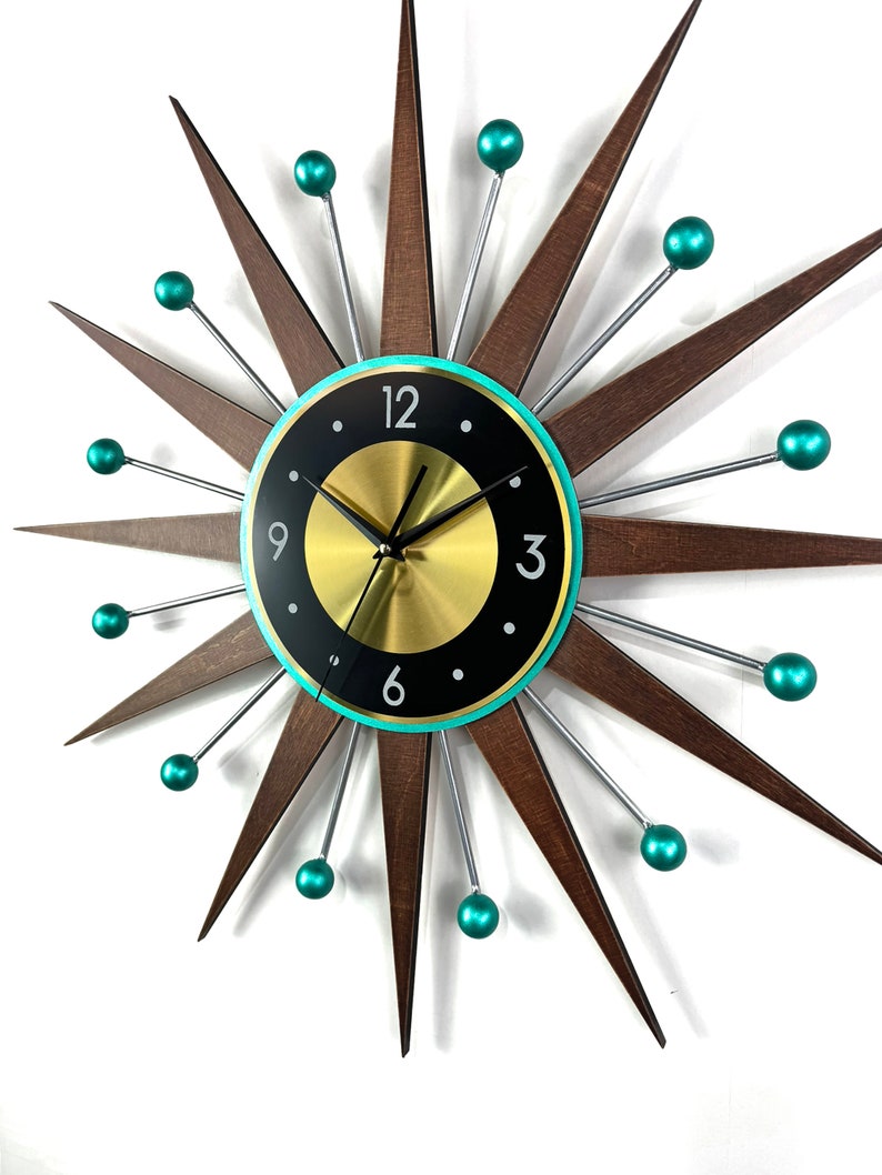 30 27 Turquoise Atomic wall clock Silver Starburst Clock George Nelson style Handmade 1970s sunburst Large clock vintage Industrial clock image 3