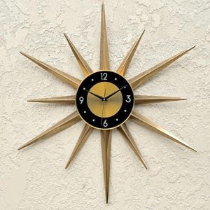 30" Gold Atomic clock Starburst unique wall clock George Nelson style Handmade 1970s sunburst vintage modern Nursery Brass Industrial clock