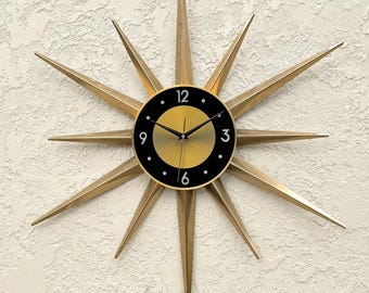 30" Gold Starburst Wall Clock: Handmade Atomic Style, 1970s Modern