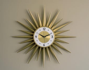 Vintage 1960s Girotti Teak Sunburst Wall Clock, MCM Mid Century