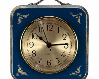 Small blue wooden mantel clock, hand-painted ornament, silent solid wood desk clock