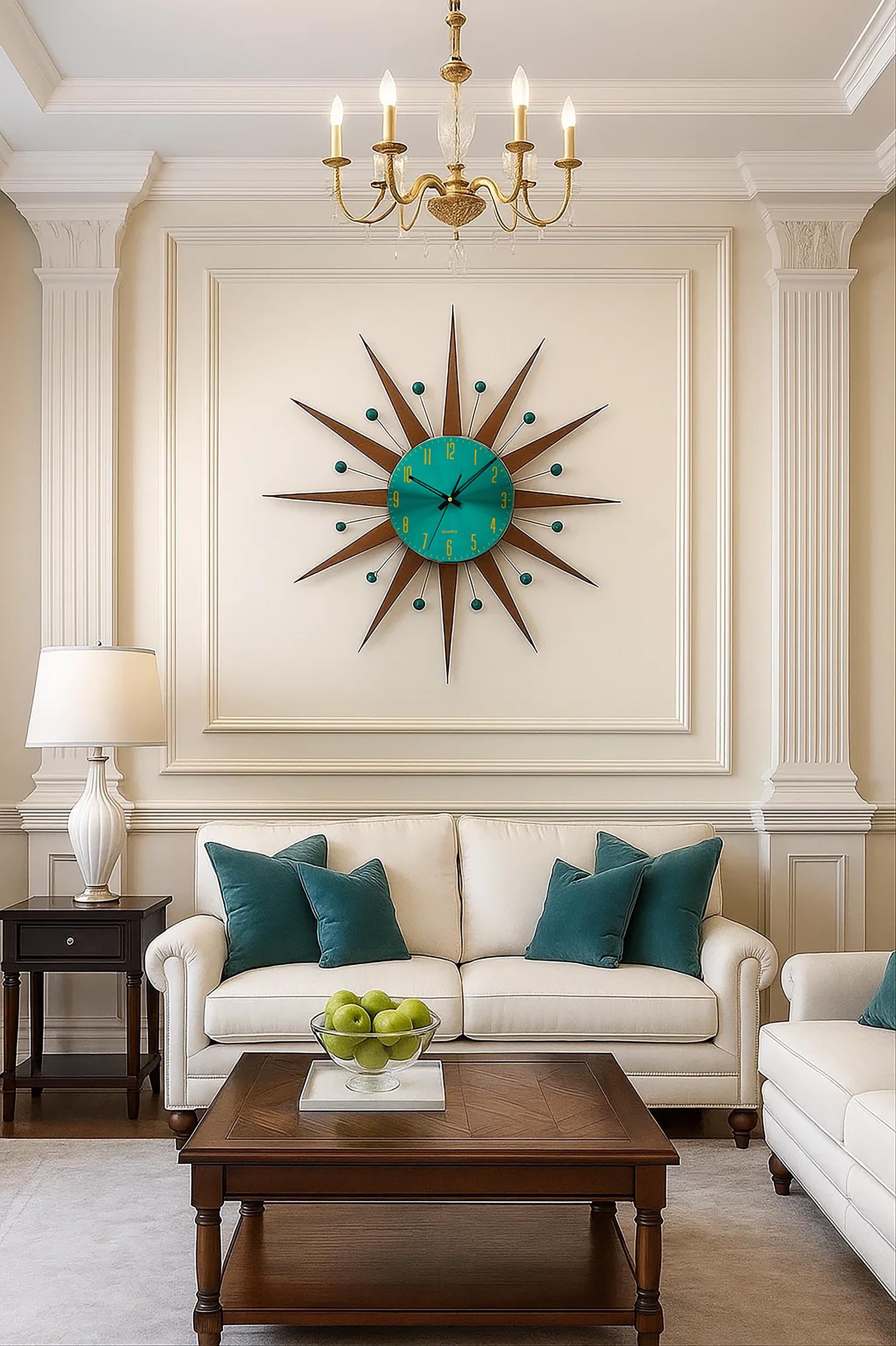 Large Starburst Wall Clock: Mid-century Modern Green & Wood Atomic