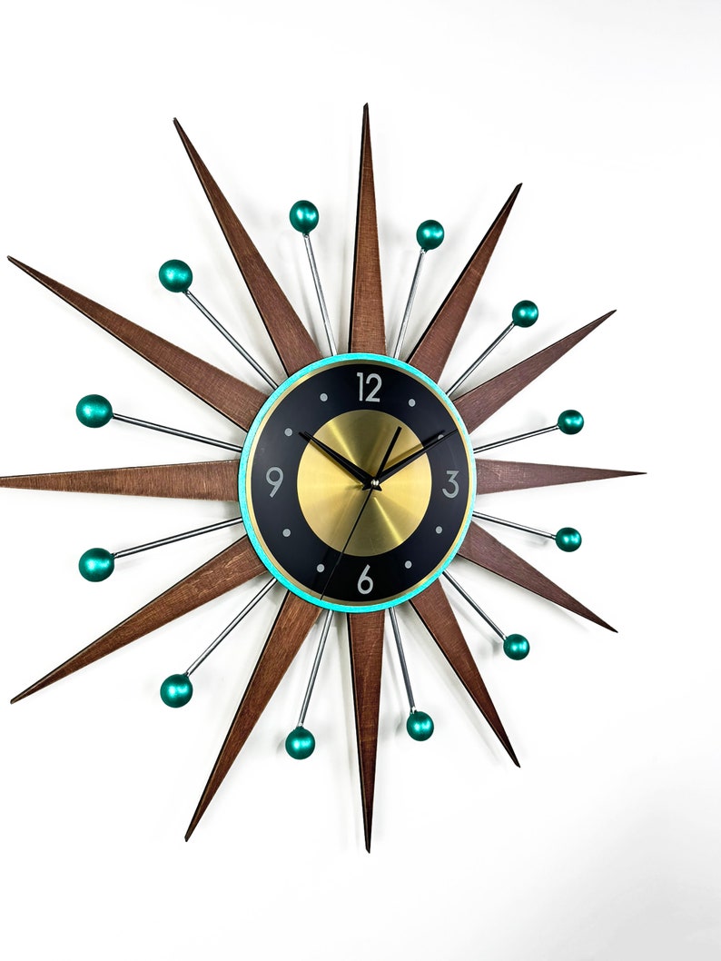 30 27 Turquoise Atomic wall clock Silver Starburst Clock George Nelson style Handmade 1970s sunburst Large clock vintage Industrial clock image 4