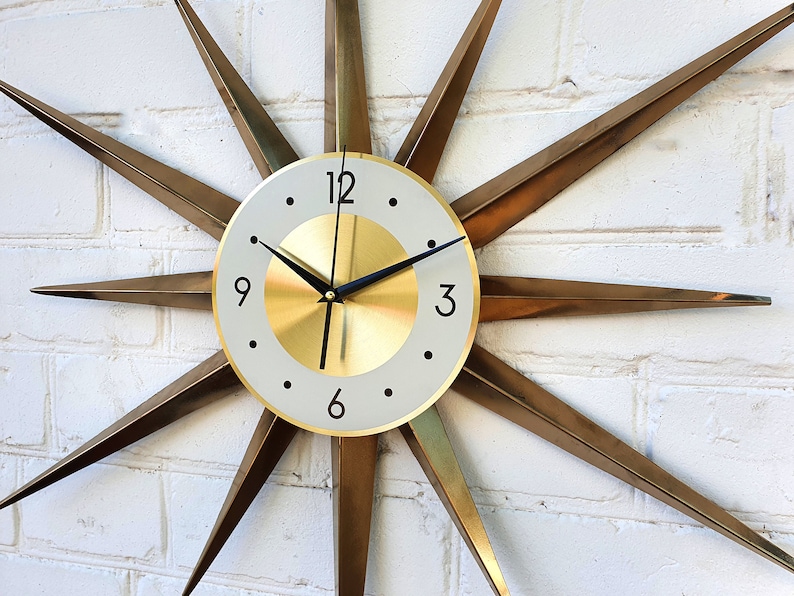 30 Gold Atomic clock Starburst unique wall clock George Nelson style Handmade 1970s sunburst vintage modern Nursery Brass Industrial clock image 10