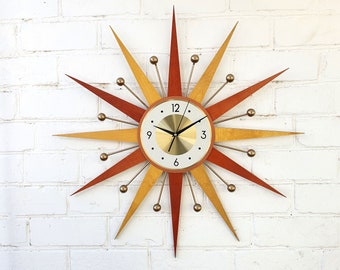 30" 26" Burnt orange Yellow Atomic wall clock Starburst Clock George Nelson style Handmade 1970s sunburst Brass Gold Large clock