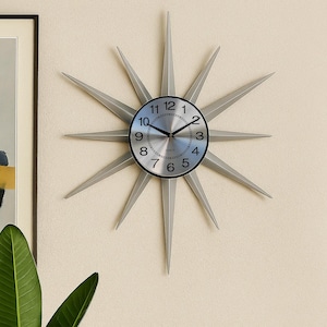 Silver Starburst Wall Clock: Mid-Century Modern Atomic Decor
