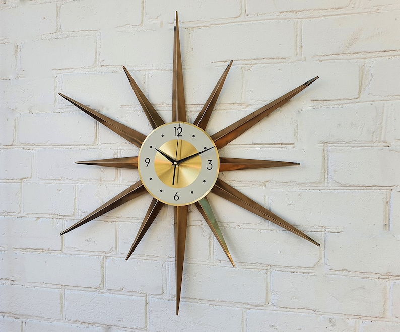 30 Gold Atomic clock Starburst unique wall clock George Nelson style Handmade 1970s sunburst vintage modern Nursery Brass Industrial clock image 7