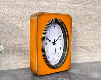 Orange Wood Table Clock: Mid Century Modern Desk Decor