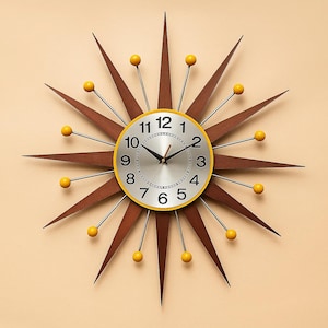 Mid Century Modern Starburst Wall Clock: Retro Atomic Decor, Yellow Accents