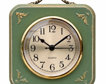 Vintage Green Solid Wood Desk Clock, Hand Decorated Retro Tabletop Decor with Handle