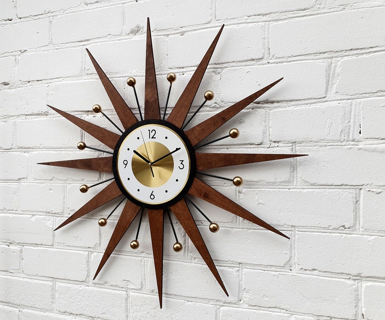 30 26 Atomic wall clock Starburst Clock George Nelson style 1970s Handmade sunburst Brass Gold Large clock vintage modern Industrial clock image 2