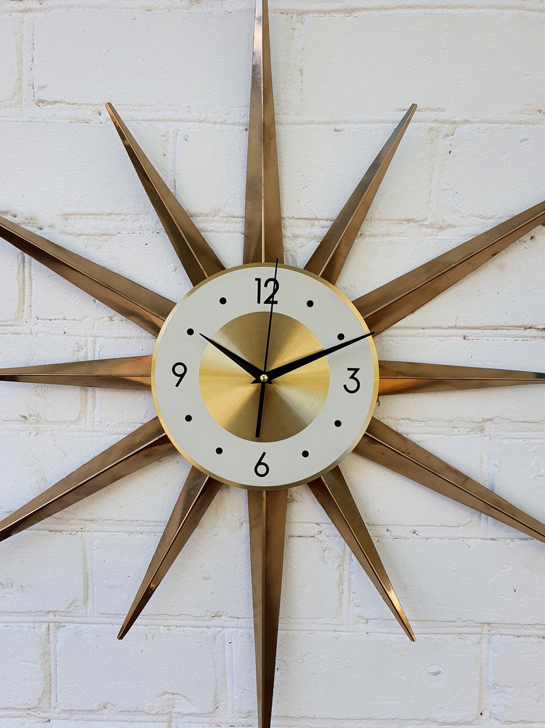 30 Gold Atomic clock Starburst unique wall clock George Nelson style Handmade 1970s sunburst vintage modern Nursery Brass Industrial clock image 4