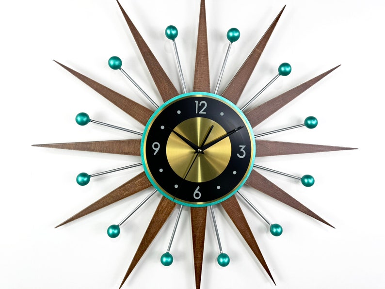 30 27 Turquoise Atomic wall clock Silver Starburst Clock George Nelson style Handmade 1970s sunburst Large clock vintage Industrial clock image 6