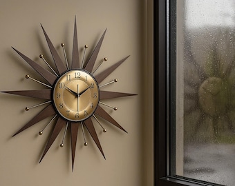Mid Century Starburst Wall Clock 25", Retro Sunburst, MCM Decor, Silent Quartz