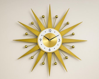 Mid Century Modern Sunburst Wall Clock – Yellow & Gold, Retro Starburst Design