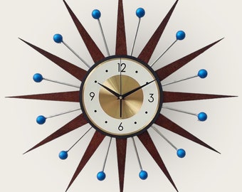 30" 27" Atomic wall clock blue Starburst Clock George Nelson style Handmade 1970s sunburst Gold Large clock vintage modern Industrial clock