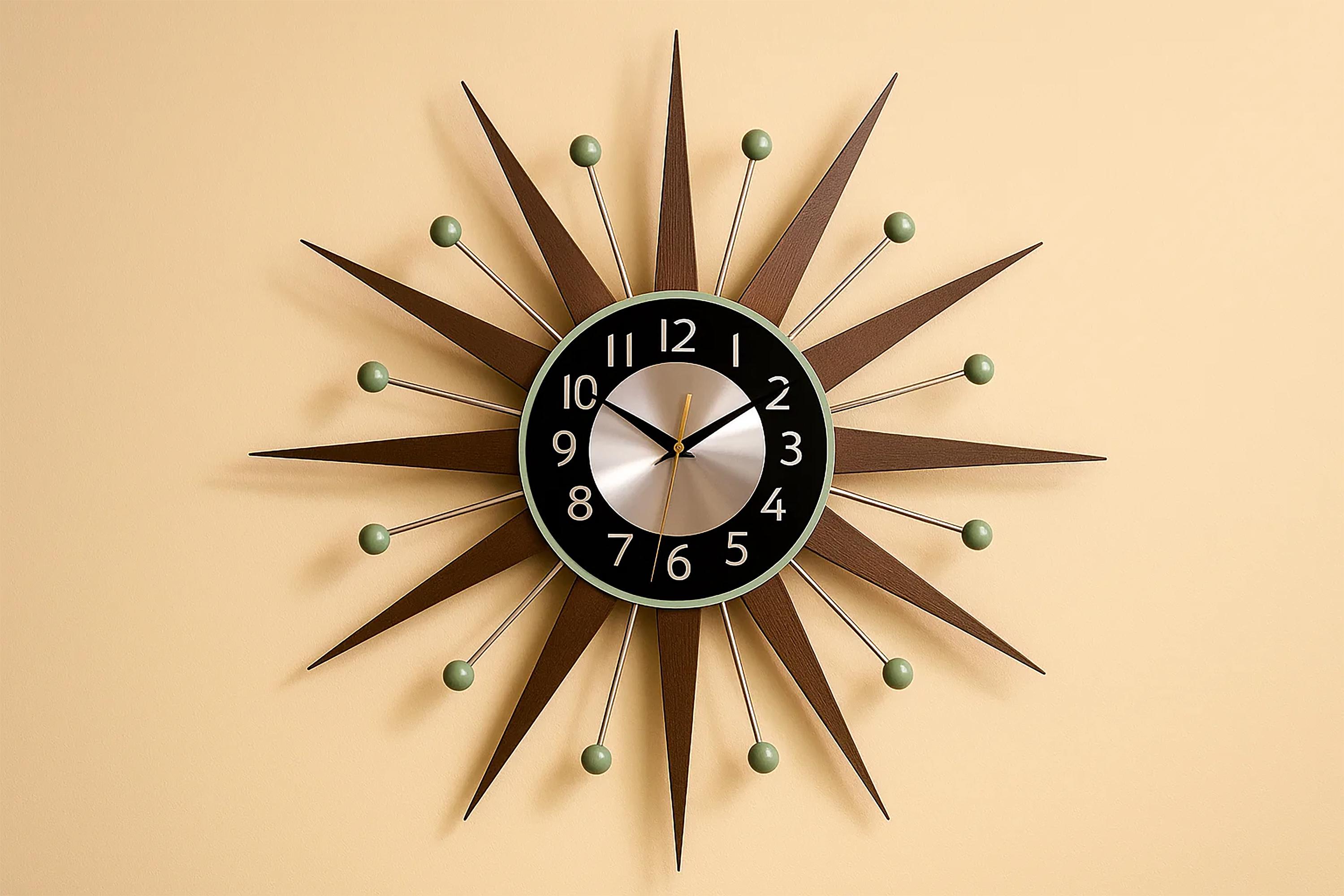 Mid Century Modern Starburst Wall Clock, Atomic Style, 27