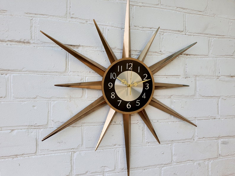 30 Gold Atomic clock Starburst unique wall clock George Nelson style Handmade 1970s sunburst vintage modern Nursery Brass Industrial clock image 4