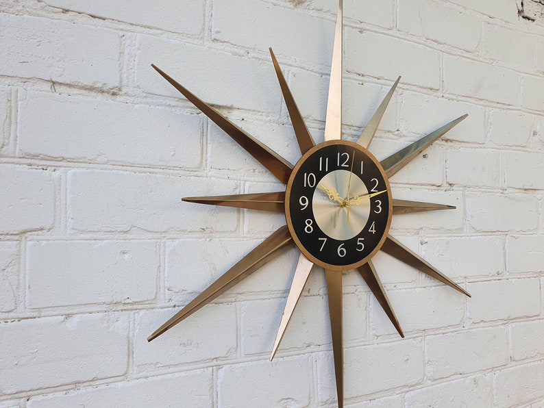 30 Gold Atomic clock Starburst unique wall clock George Nelson style Handmade 1970s sunburst vintage modern Nursery Brass Industrial clock image 7