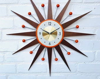 30" 27" Burnt orange Atomic wall clock Starburst Clock  George Nelson style Handmade 1970 sunburst Large clock vintage modern clock