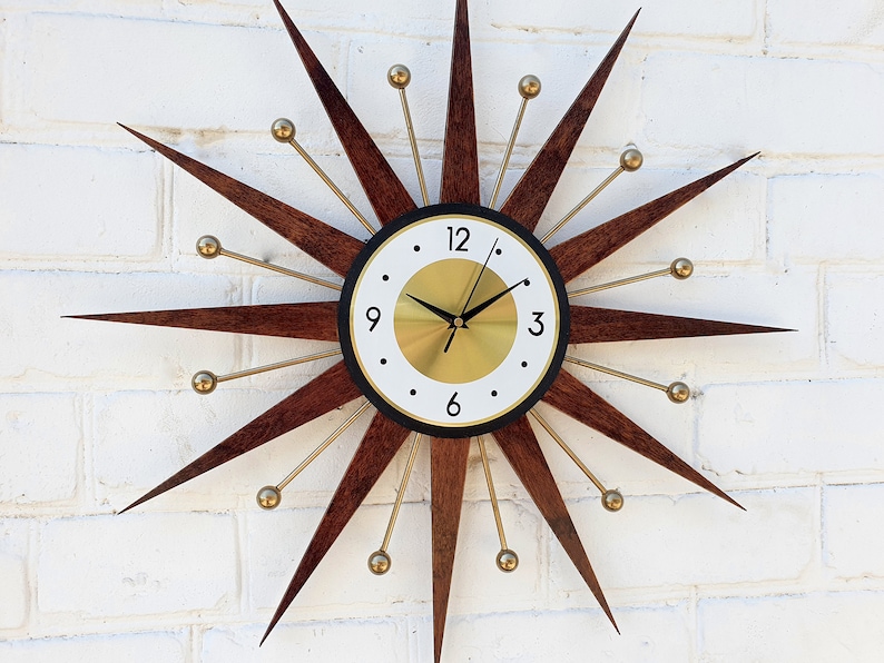 25 Starburst wall clock Atomic retro clock Gold George Nelson style Handmade 1970s sunburst vintage modern Nursery Brass Industrial clock 画像 8