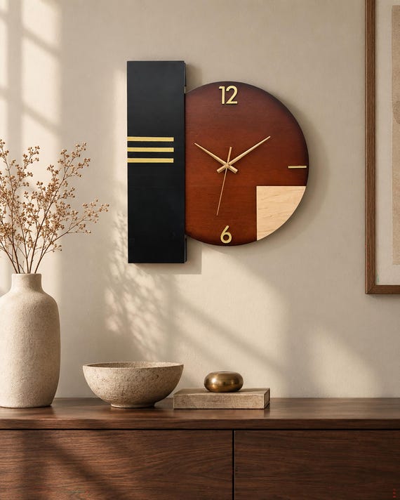 Mid Century Modern Wooden Wall Clock, Geometric Design, Mahogany