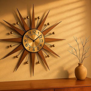 May include: A starburst-shaped wall clock with a gold face and black numerals. The clock has brown wooden rays and gold-colored spheres. A vase with branches sits on a wooden cabinet, with a window and blinds in the background.