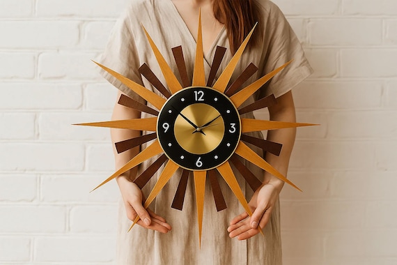 90s SUNFORM 掛時計 ガラス ミッドセンチュリー ポストモダン Mid Century Modern Sunburst Wall Clock, Atomic Starburst Decor, 26