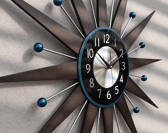 Mid Century Modern Starburst Wall Clock, Dark Brown Wood, Metallic deep blue-turquoise and Silver
