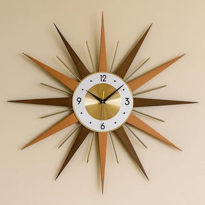 Mid Century Modern Starburst Wall Clock: Walnut & Gold Atomic Design