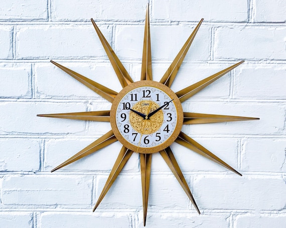 ゴールドスターバースト壁掛け時計：ミッドセンチュリーモダン