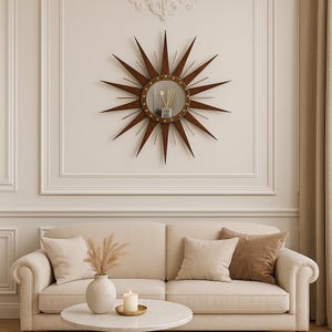 Mid-Century Modern Starburst Mirror – Vintage Sunburst Wall Mirror – Brown & Brass Wall Art – Atomic Retro Decor – Handmade Gift 25&quot; 22&quot;