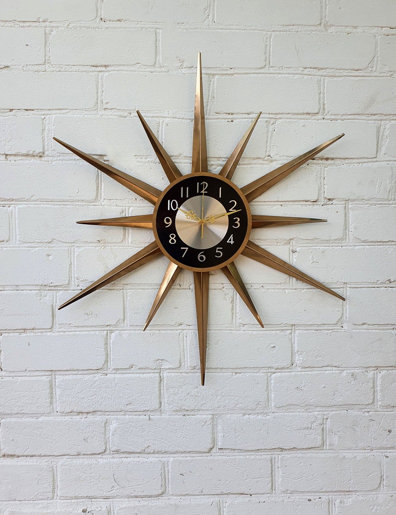 30 Gold Atomic clock Starburst unique wall clock George Nelson style Handmade 1970s sunburst vintage modern Nursery Brass Industrial clock image 1