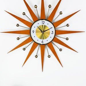 30 26 Burnt orange Atomic wall clock Starburst Clock George Nelson style 1970s Brass Gold Large clock vintage modern Industrial clock image 7